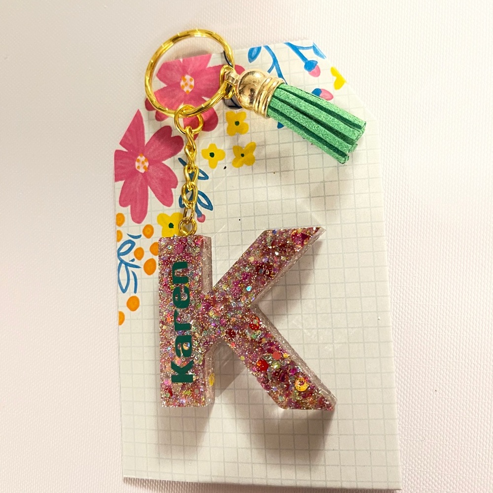 Karen letter K glitter resin‎ keychain